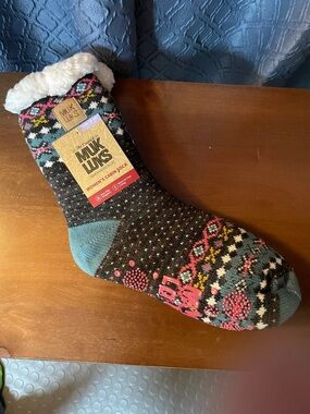Muk Luks Black Cabin Sock with Teal & Pink Fair Isle